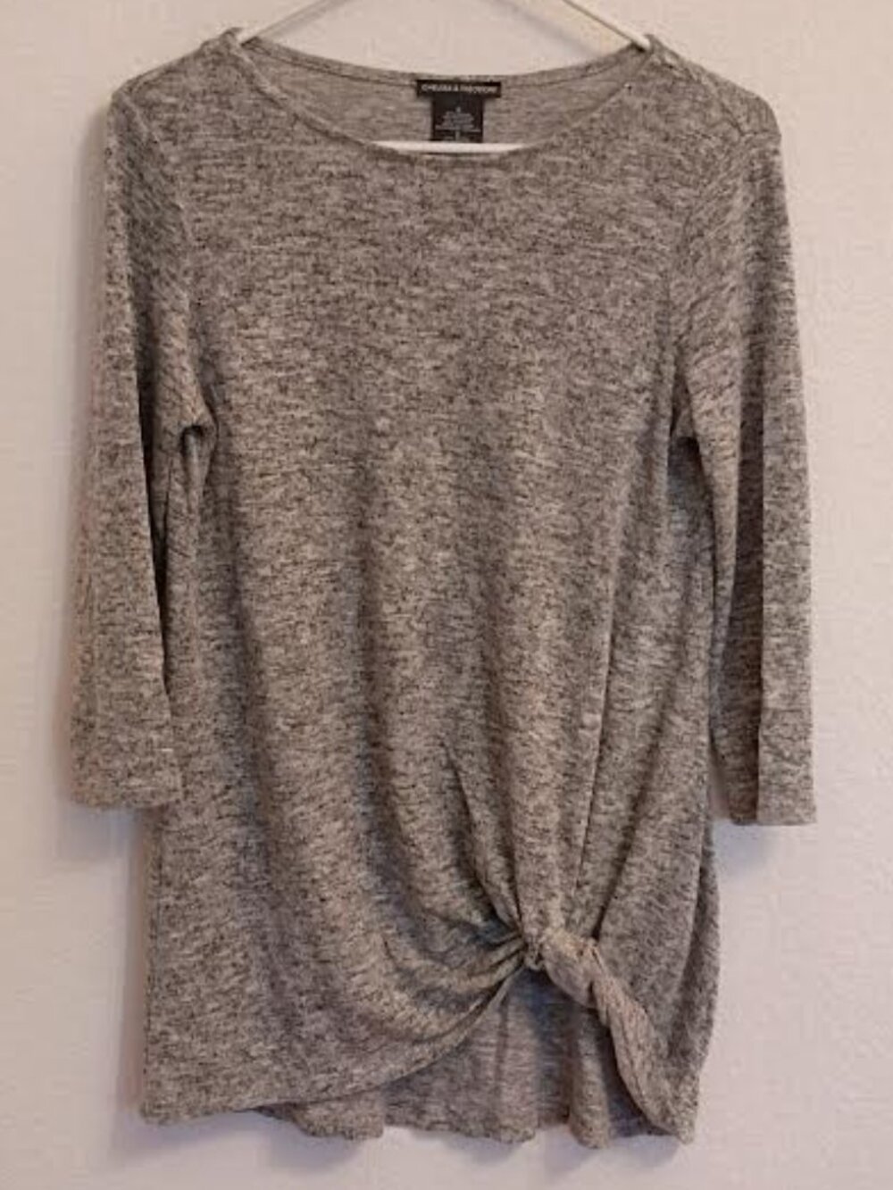 CHELSEA & THEODORE WOMEN'S SWEATER 3/4 SLEEVE GRAY HEATHER TWIST KNOT FRONT SML